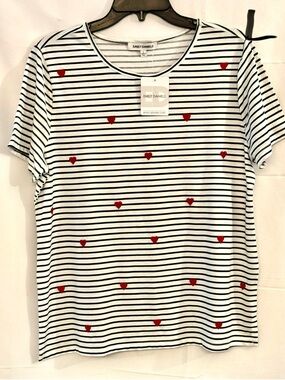 Emily Daniels White & Black Striped Short-Sleeve Tee with Red Heart Motif
